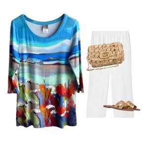 SIMPLY ART BY DOLCEZZA COTTON BEACH WATERCOLOR TOP SZ M